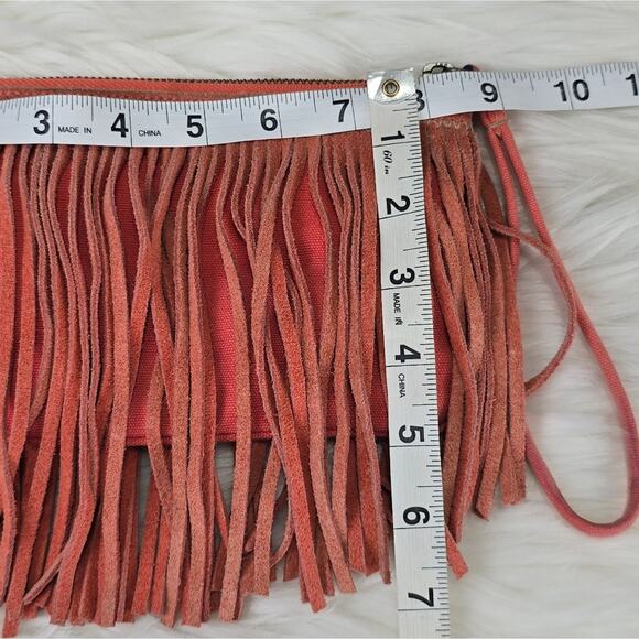 Fringed Coral Suede Wristlet Pouch Purse Western American Eagle AEO Hippie - Picture 9 of 10